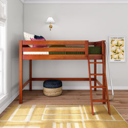 CHAP CP : Standard Loft Beds Twin Mid Loft Bed with Angled Ladder on Front, Panel, Chestnut