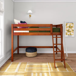 CHAP CS : Standard Loft Beds Twin Mid Loft Bed with Angled Ladder on Front, Slat, Chestnut