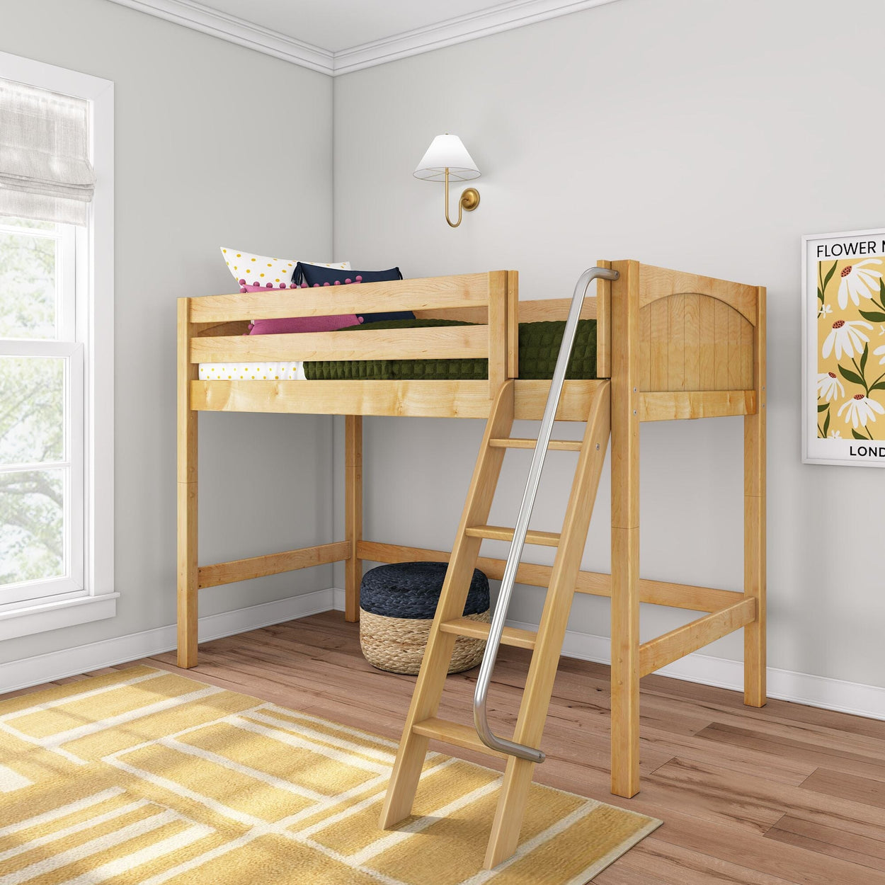 CHAP NP : Standard Loft Beds Twin Mid Loft Bed with Angled Ladder on Front, Panel, Natural