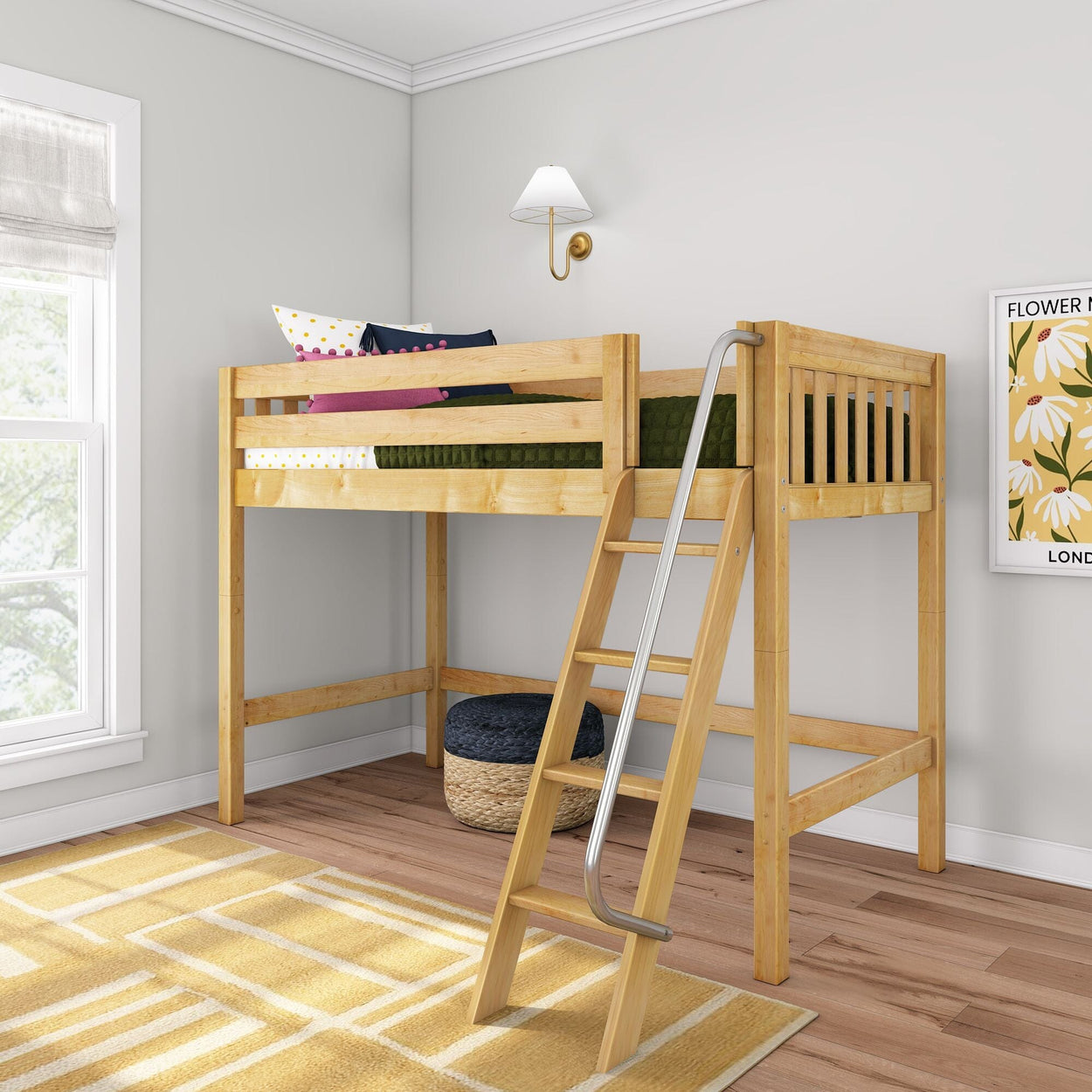 CHAP NS : Standard Loft Beds Twin Mid Loft Bed with Angled Ladder on Front, Slat, Natural