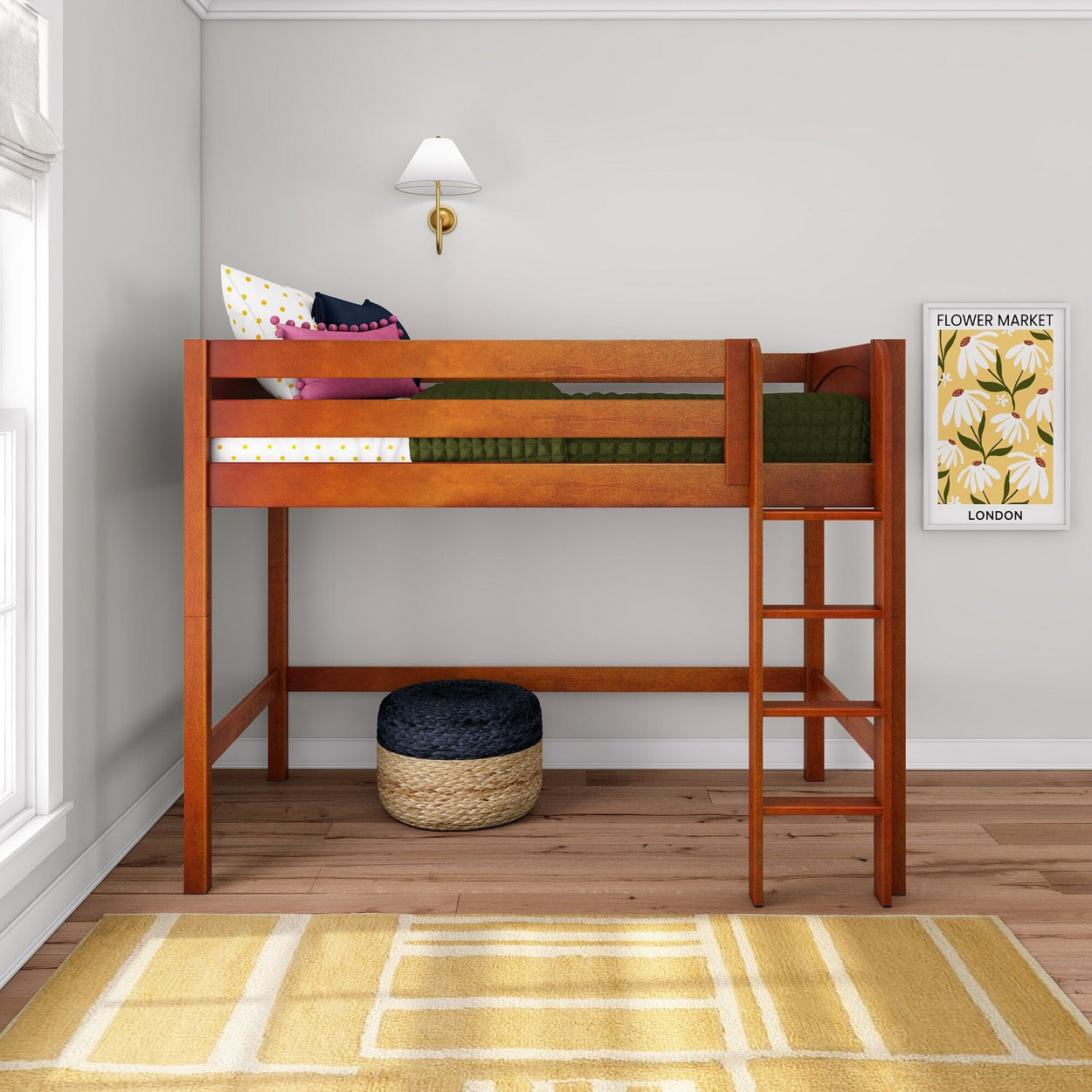 CHIP CP : Standard Loft Beds Twin Mid Loft Bed with Straight Ladder on Front, Panel, Chestnut