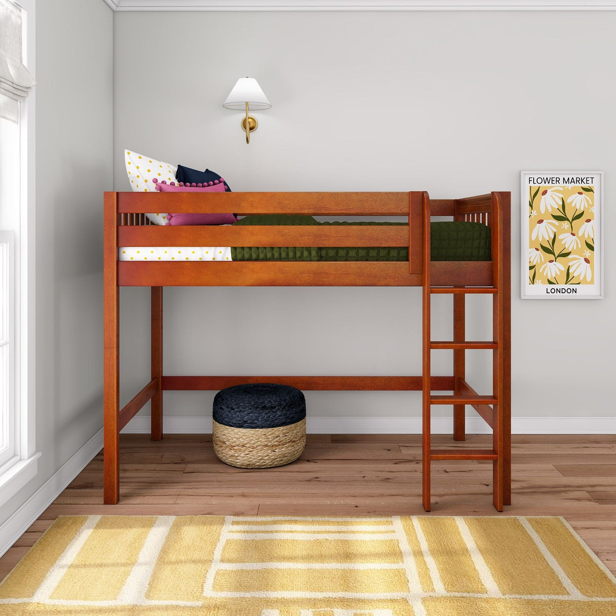 CHIP CS : Standard Loft Beds Twin Mid Loft Bed with Straight Ladder on Front, Slat, Chestnut