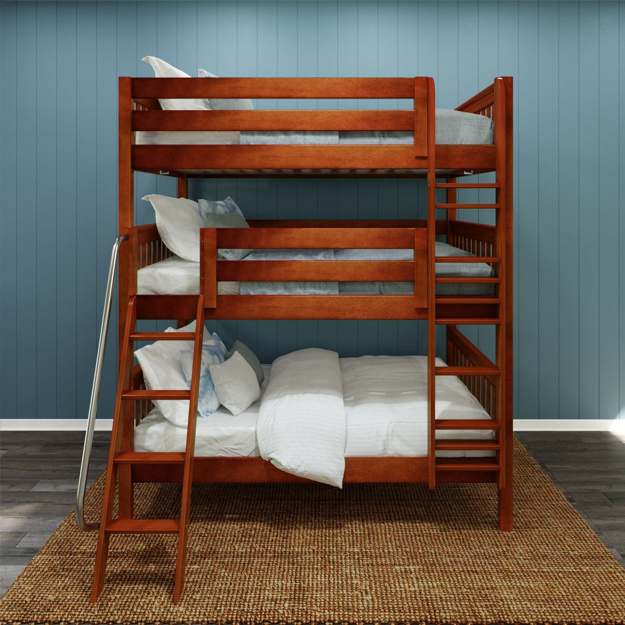 COMPLEX CS : Triple Bunk Full Triple Bunk Bed with Angled and Straight Ladder on Front, Slat, Chestnut