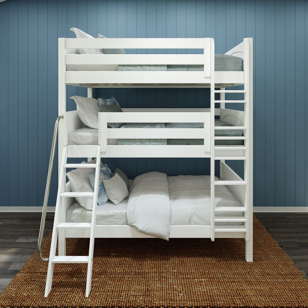 COMPLEX WP : Triple Bunk Full Triple Bunk Bed with Angled and Straight Ladder on Front, Panel, White