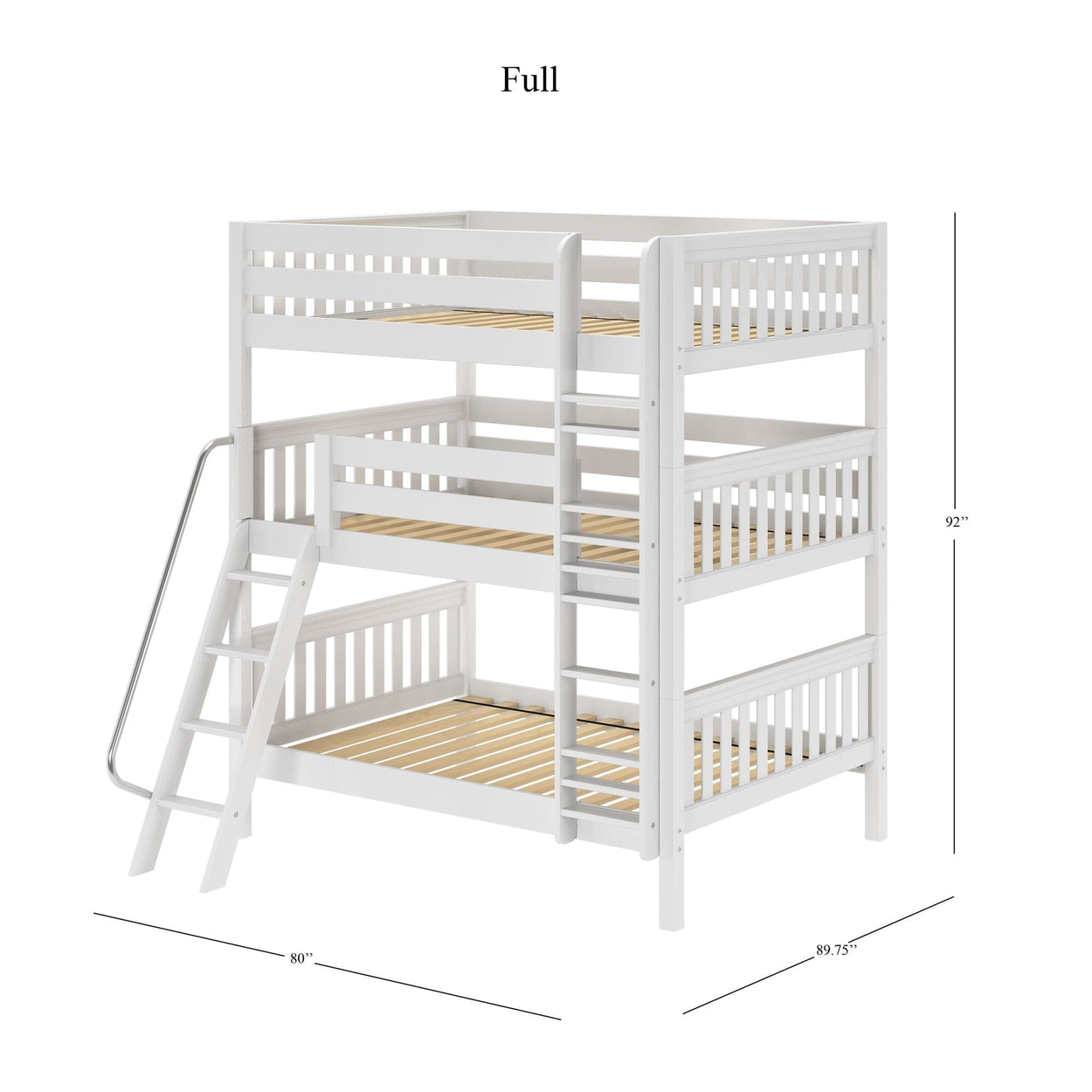 COMPLEX WS : Triple Bunk Full Triple Bunk Bed with Angled and Straight Ladder on Front, Slat, White