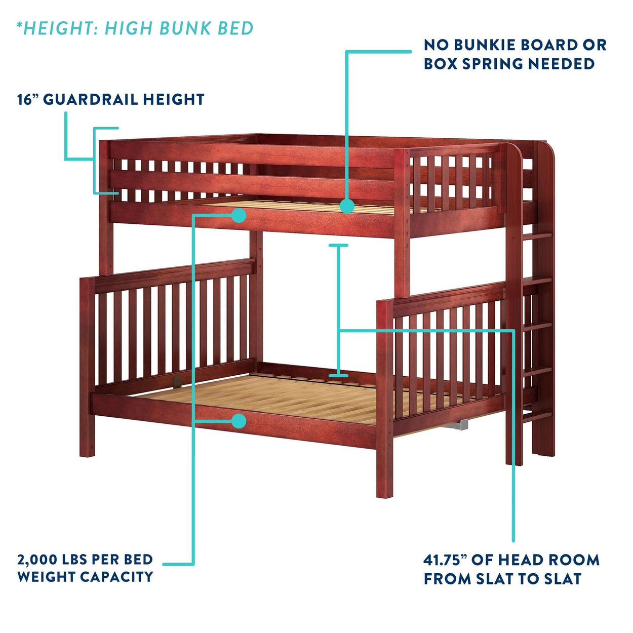 COSMOS XL CS : Multiple Bunk Beds High Full XL over Queen Quadruple Bunk Bed with Stairs, Slat, Chestnut