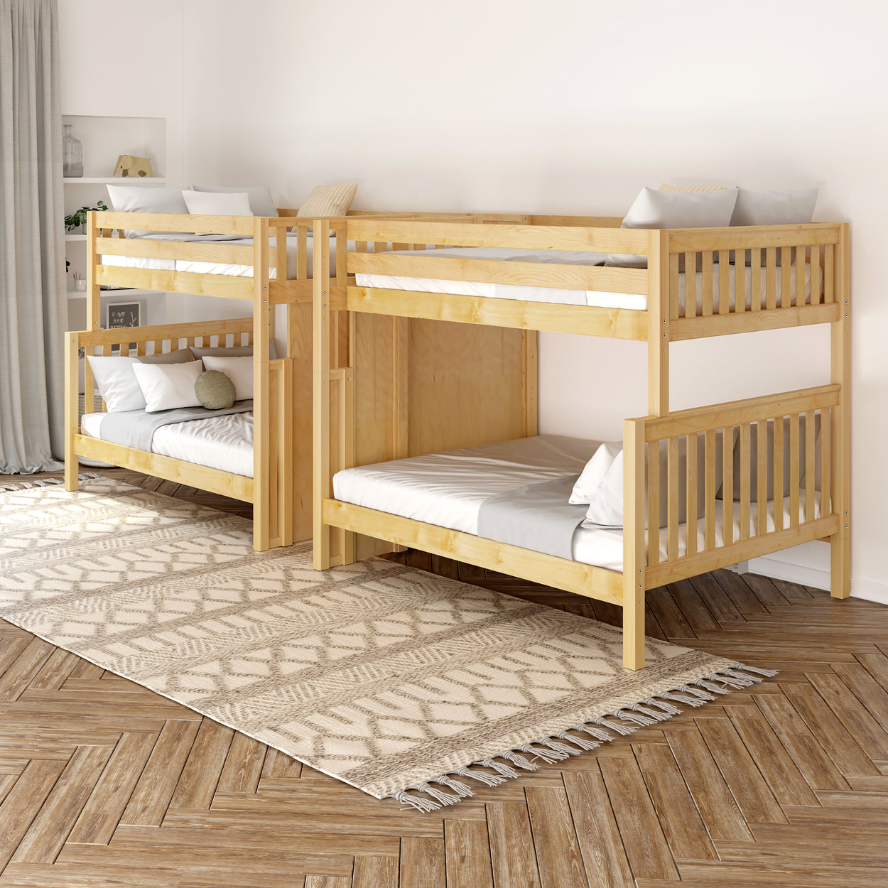 COSMOS XL NS : Multiple Bunk Beds High Full XL over Queen Quadruple Bunk Bed with Stairs, Slat, Natural