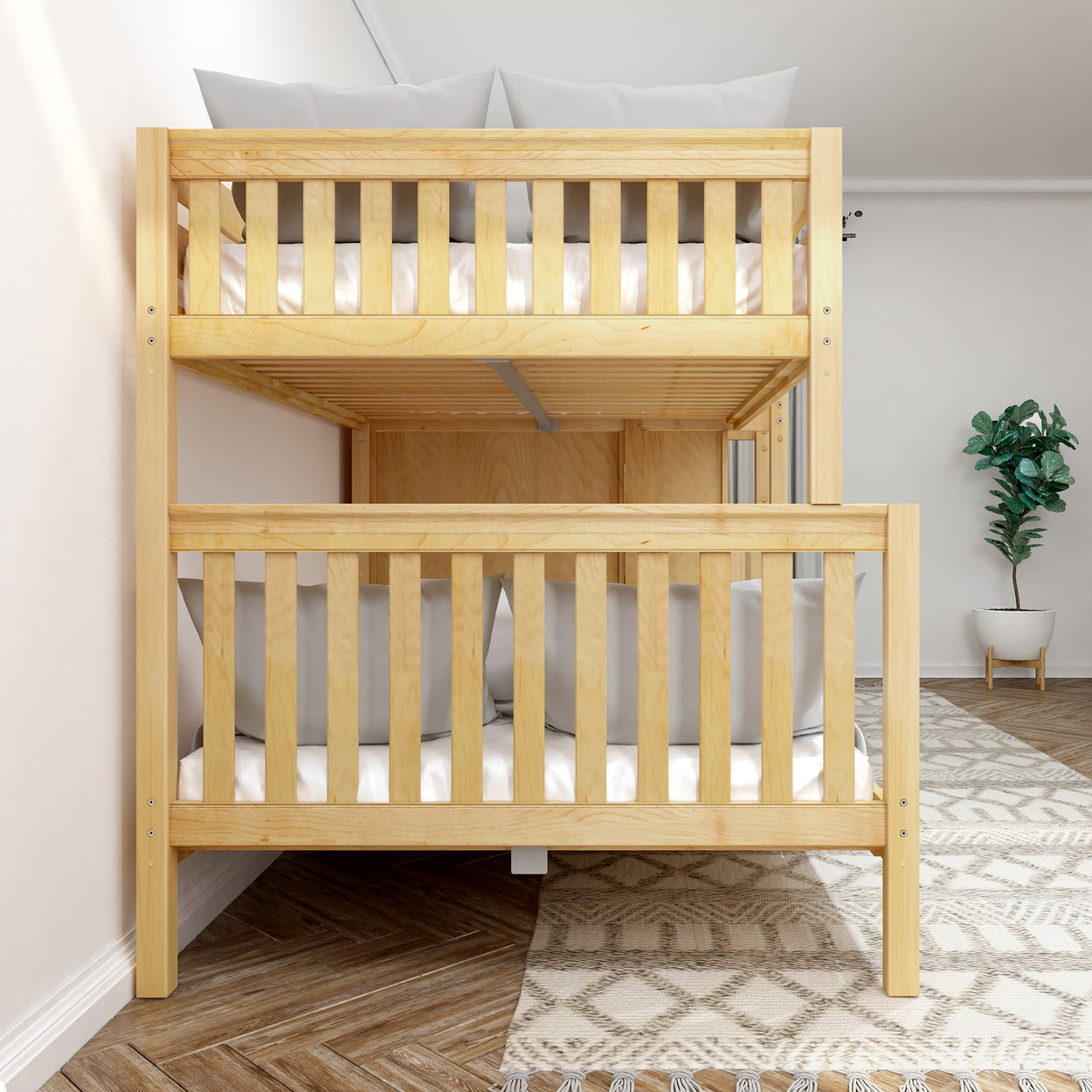 COSMOS XL NS : Multiple Bunk Beds High Full XL over Queen Quadruple Bunk Bed with Stairs, Slat, Natural