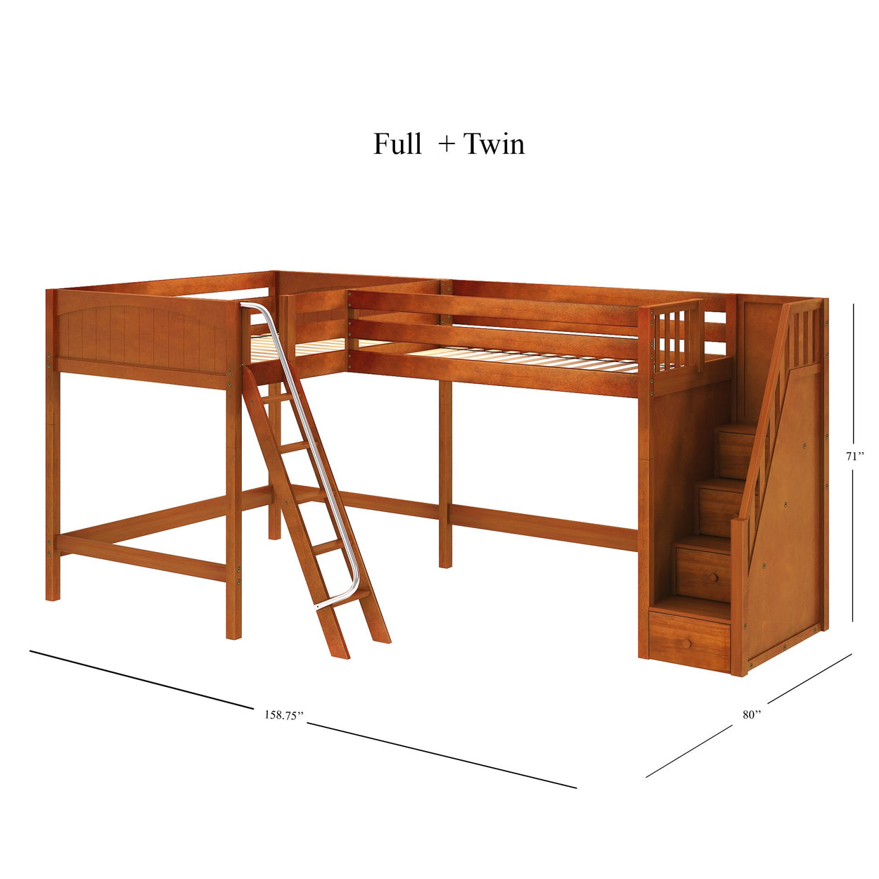 CREST CP : Corner Loft Beds Full + Twin High Corner Loft Bed with Ladder + Stairs - R, Panel, Chestnut