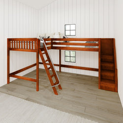 CREST CS : Corner Loft Beds Full + Twin High Corner Loft Bed with Ladder + Stairs - R, Slat, Chestnut