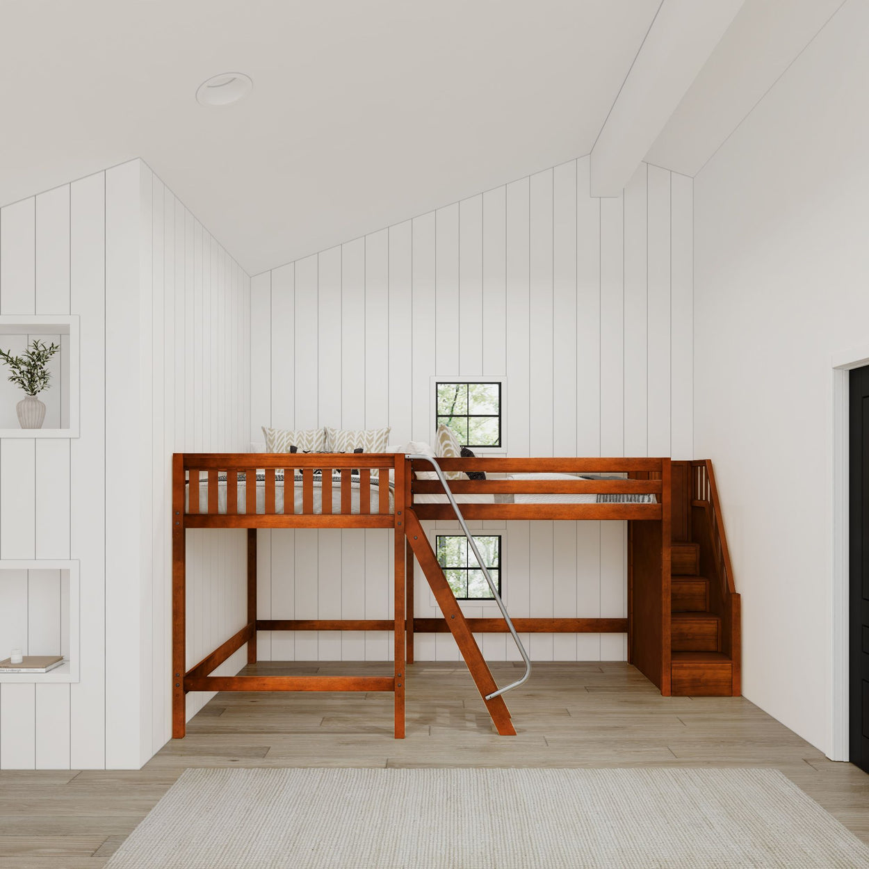 CREST CS : Corner Loft Beds Full + Twin High Corner Loft Bed with Ladder + Stairs - R, Slat, Chestnut