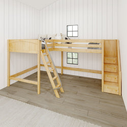 CREST NP : Corner Loft Beds Full + Twin High Corner Loft Bed with Ladder + Stairs - R, Panel, Natural