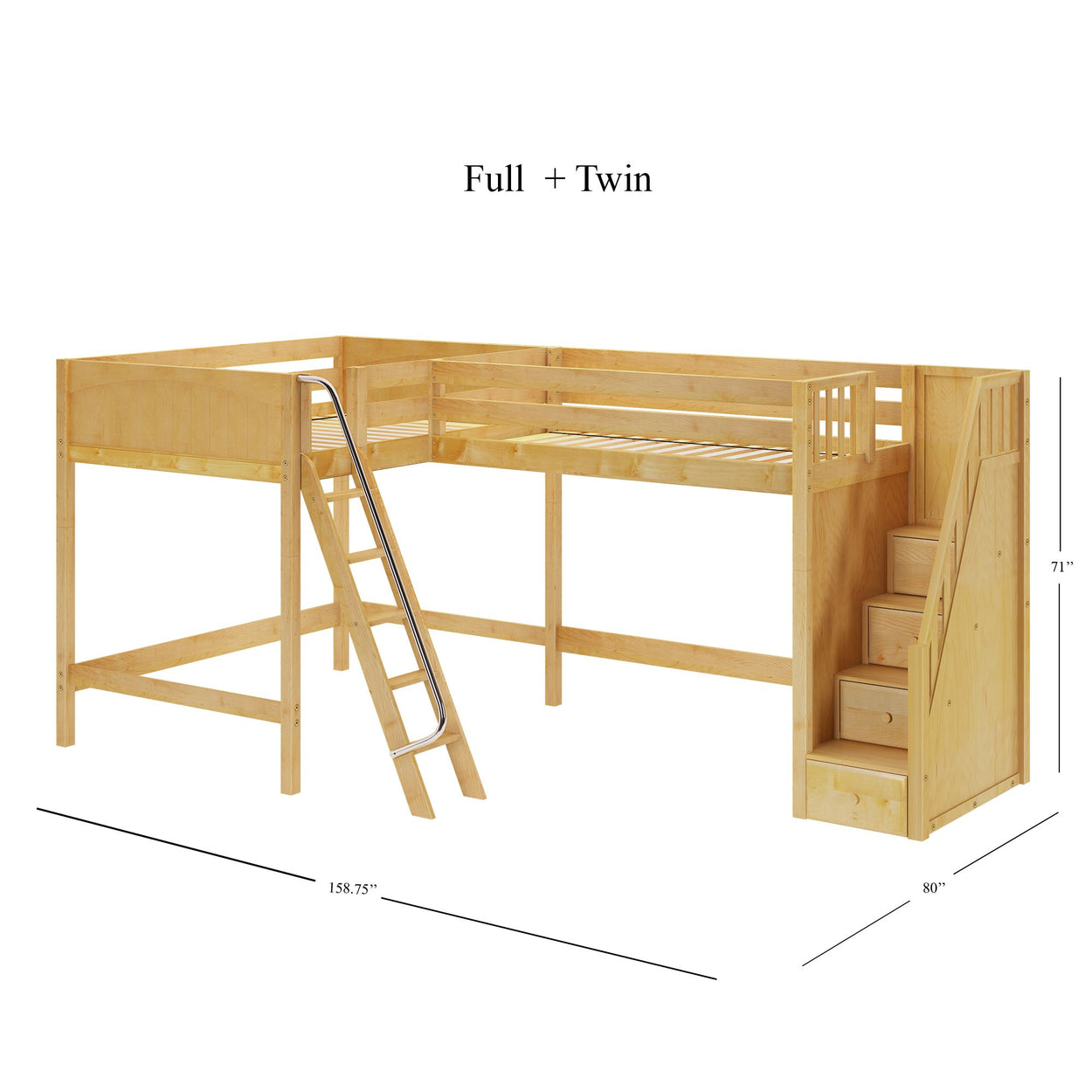 CREST NP : Corner Loft Beds Full + Twin High Corner Loft Bed with Ladder + Stairs - R, Panel, Natural