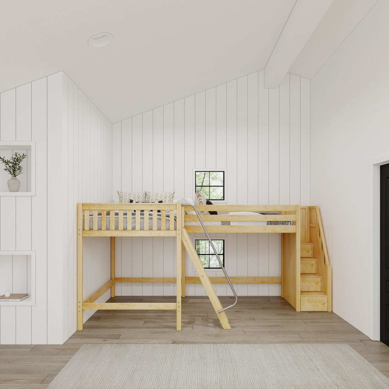 CREST NS : Corner Loft Beds Full + Twin High Corner Loft Bed with Ladder + Stairs - R, Slat, Natural