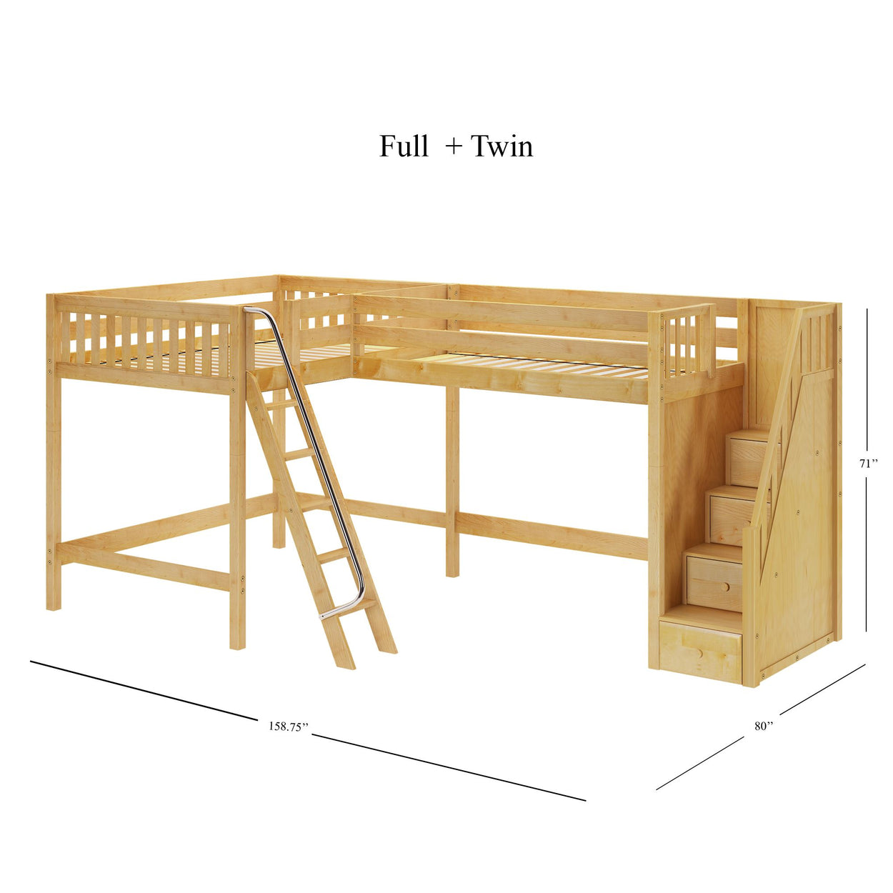 CREST NS : Corner Loft Beds Full + Twin High Corner Loft Bed with Ladder + Stairs - R, Slat, Natural