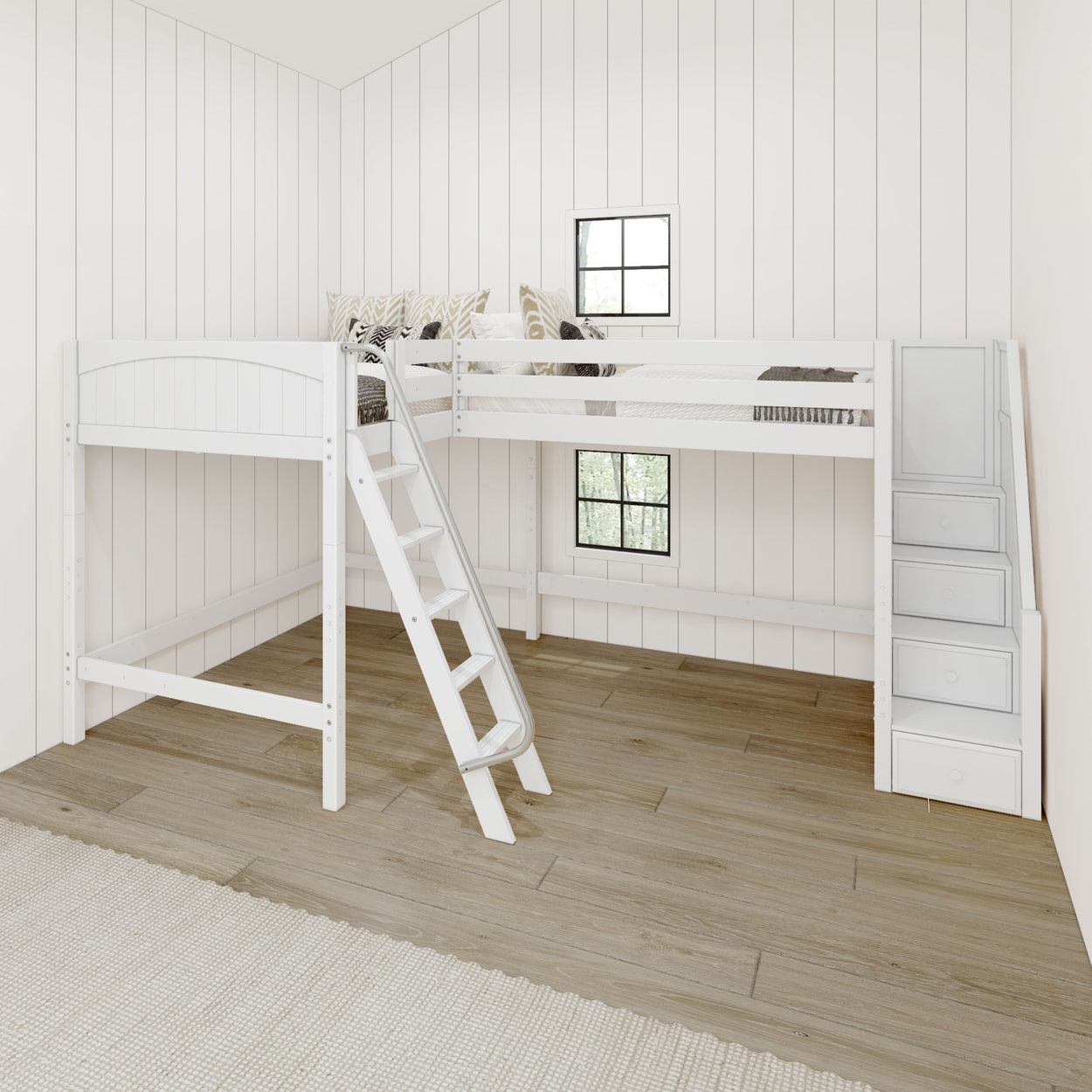 CREST WP : Corner Loft Beds Full + Twin High Corner Loft Bed with Ladder + Stairs - R, Panel, White