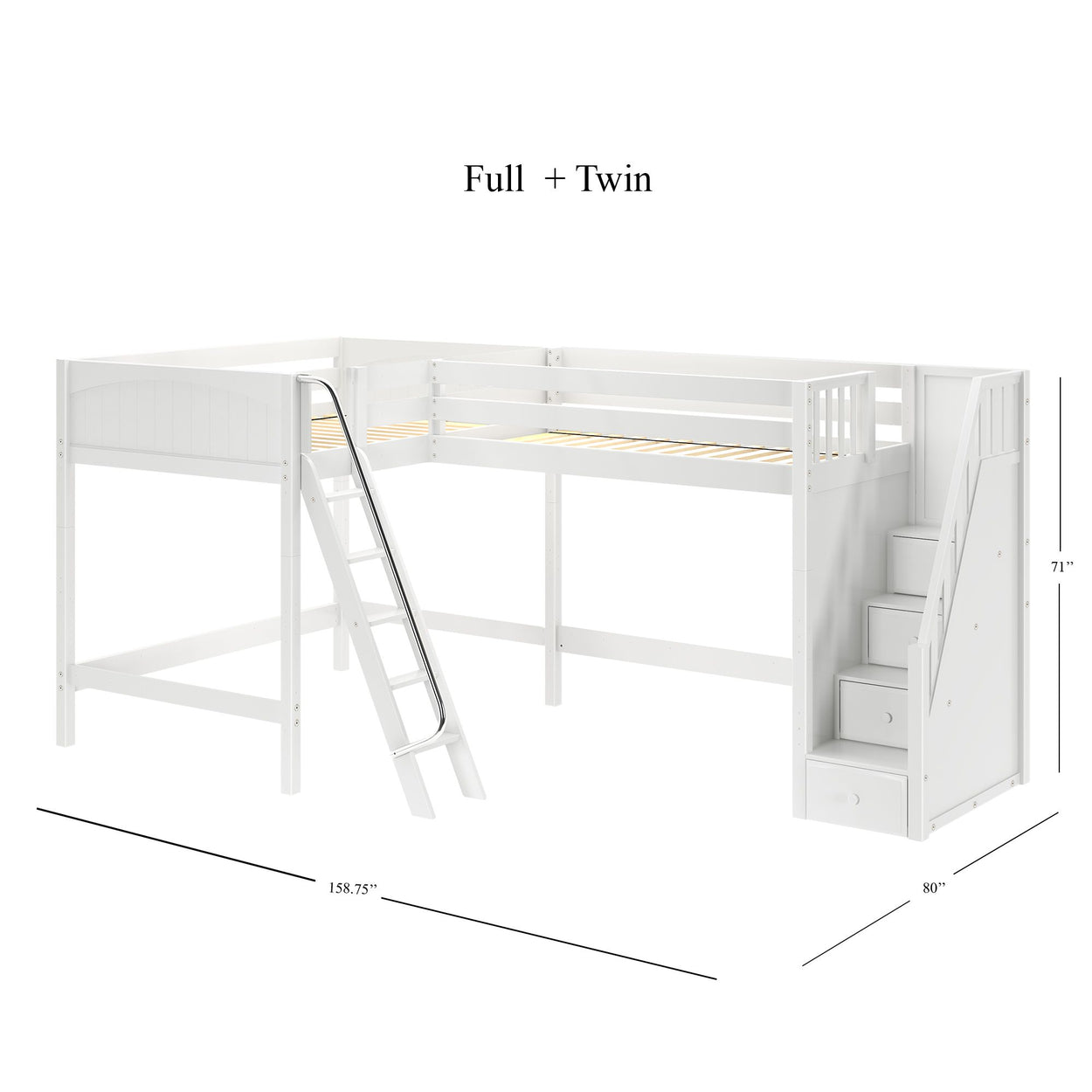 CREST WP : Corner Loft Beds Full + Twin High Corner Loft Bed with Ladder + Stairs - R, Panel, White