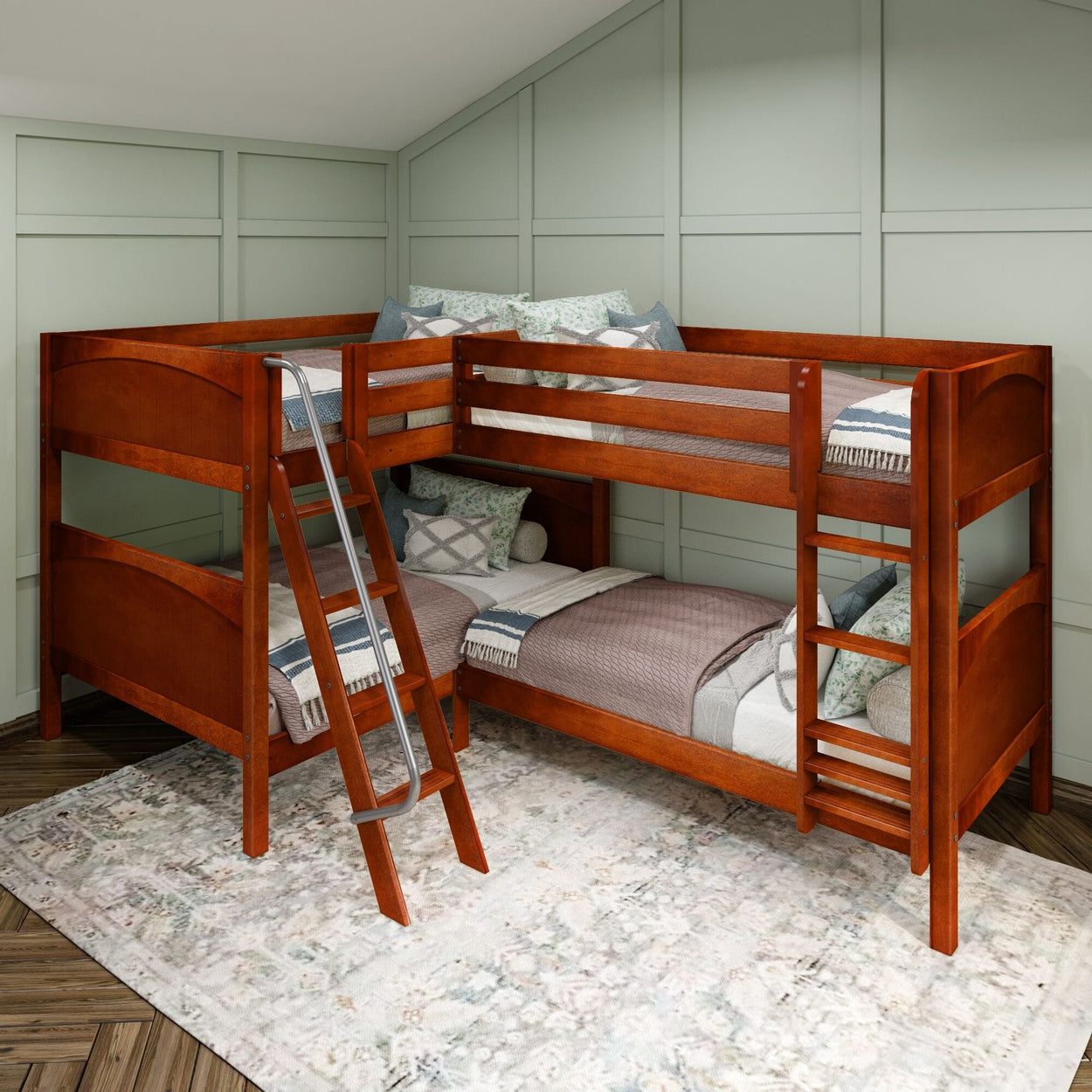 CROSS CP : Multiple Bunk Beds Full + Twin Medium Corner Bunk with Angled and Straight Ladder, Panel, Chestnut