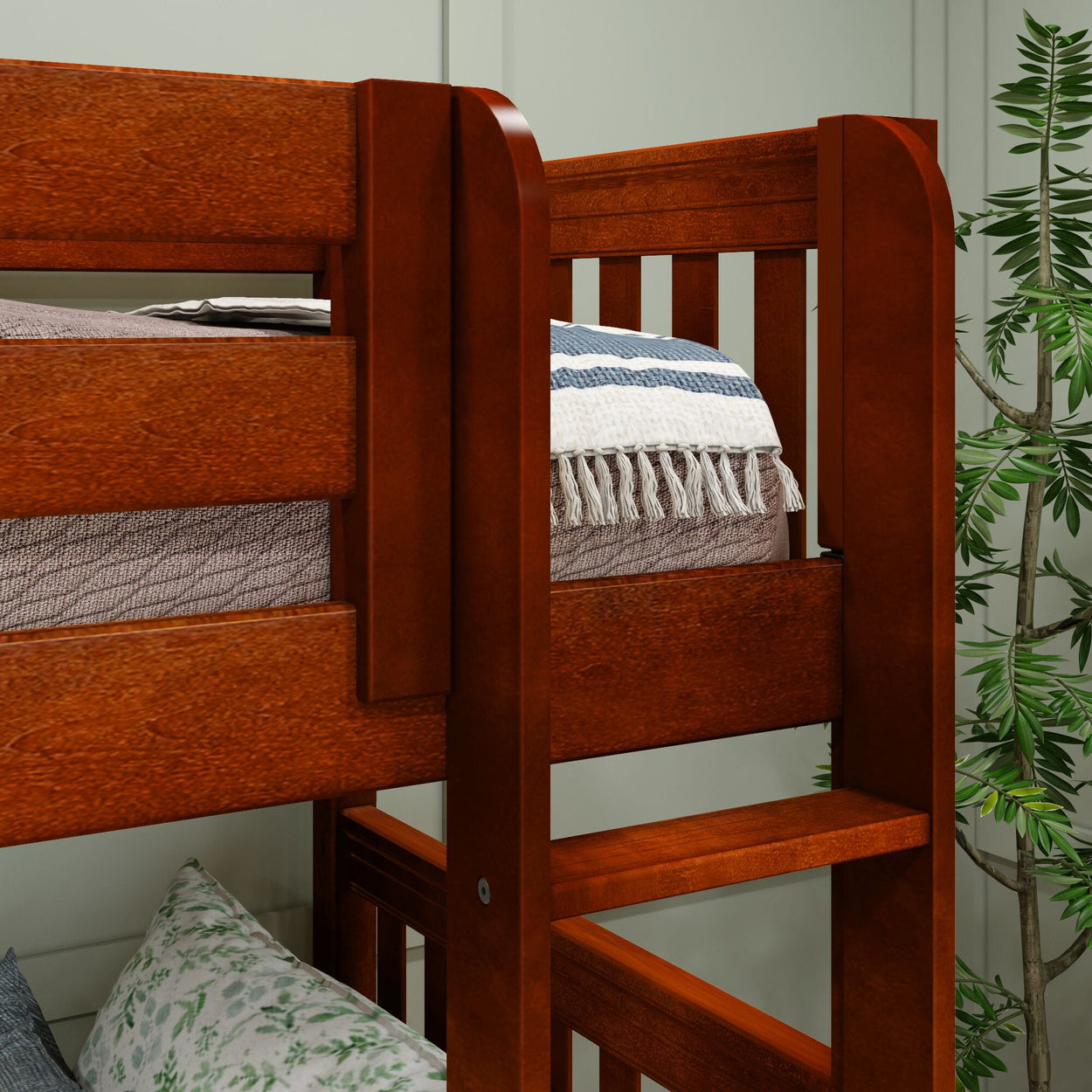 CROSS CS : Multiple Bunk Beds Full + Twin Medium Corner Bunk with Angled and Straight Ladder, Slat, Chestnut