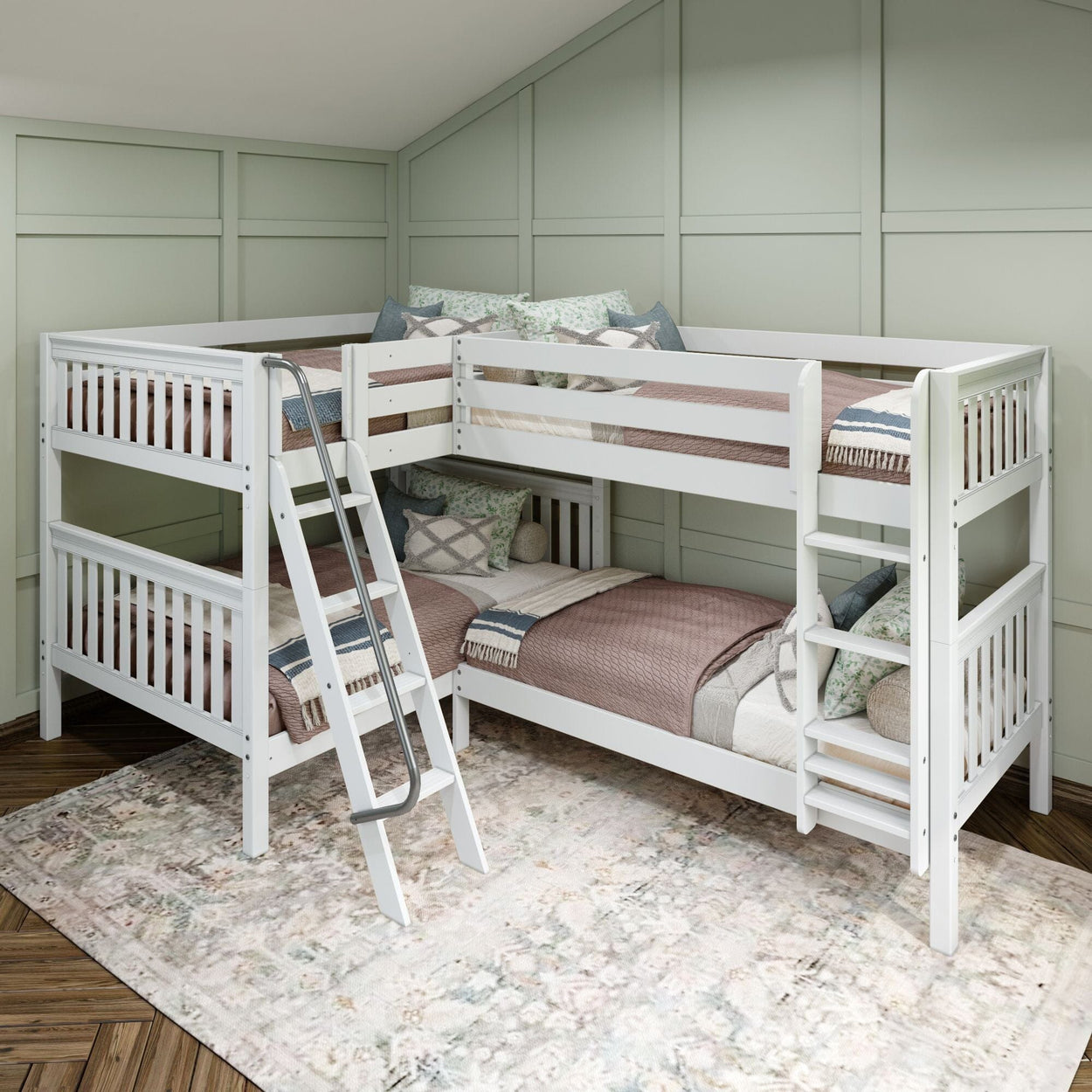 CROSS WS : Multiple Bunk Beds Full + Twin Medium Corner Bunk with Angled and Straight Ladder, Slat, White