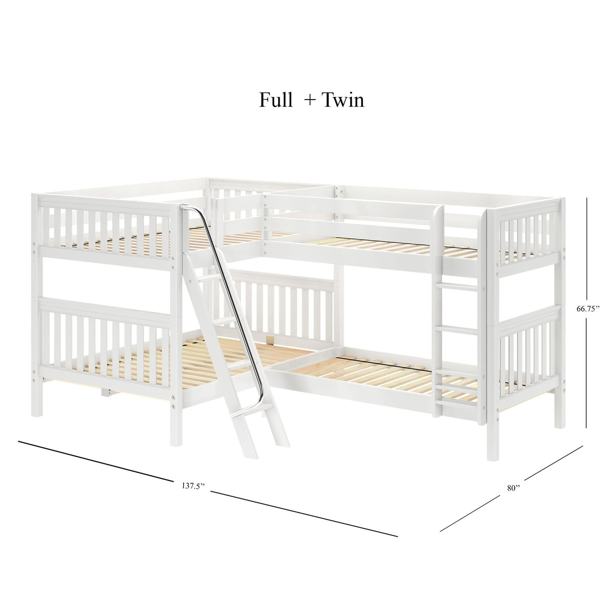 CROSS WS : Multiple Bunk Beds Full + Twin Medium Corner Bunk with Angled and Straight Ladder, Slat, White