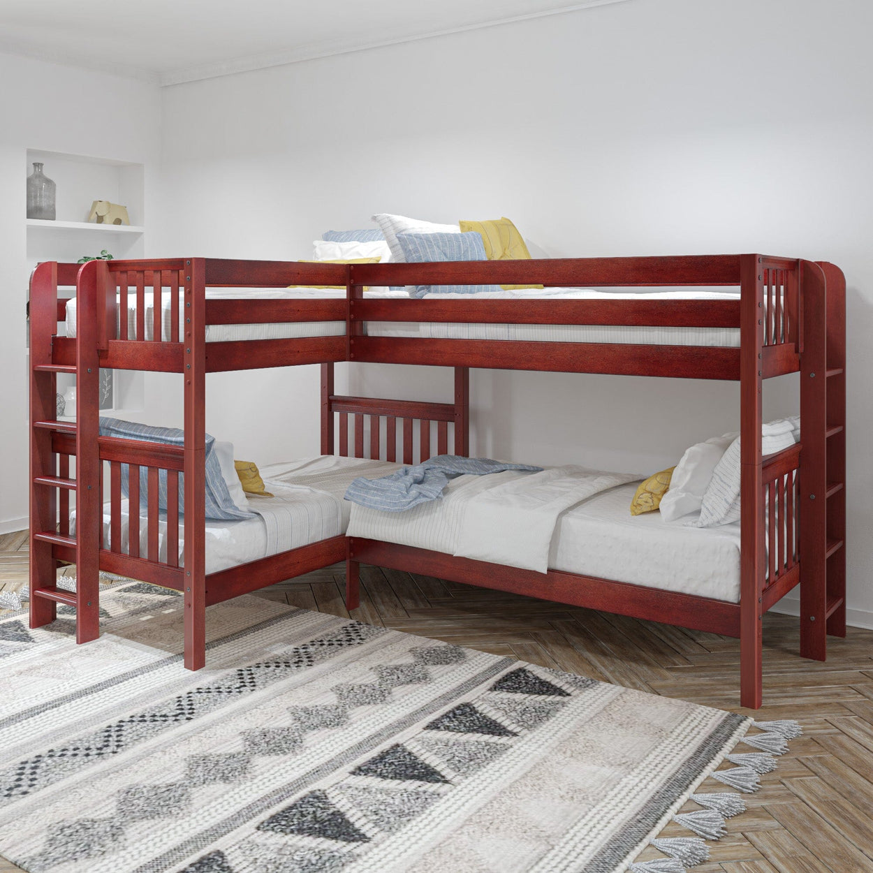 CRUX 1 CS : Multiple Bunk Beds Twin Medium Corner Bunk with Straight Ladders on Ends, Slat, Chestnut