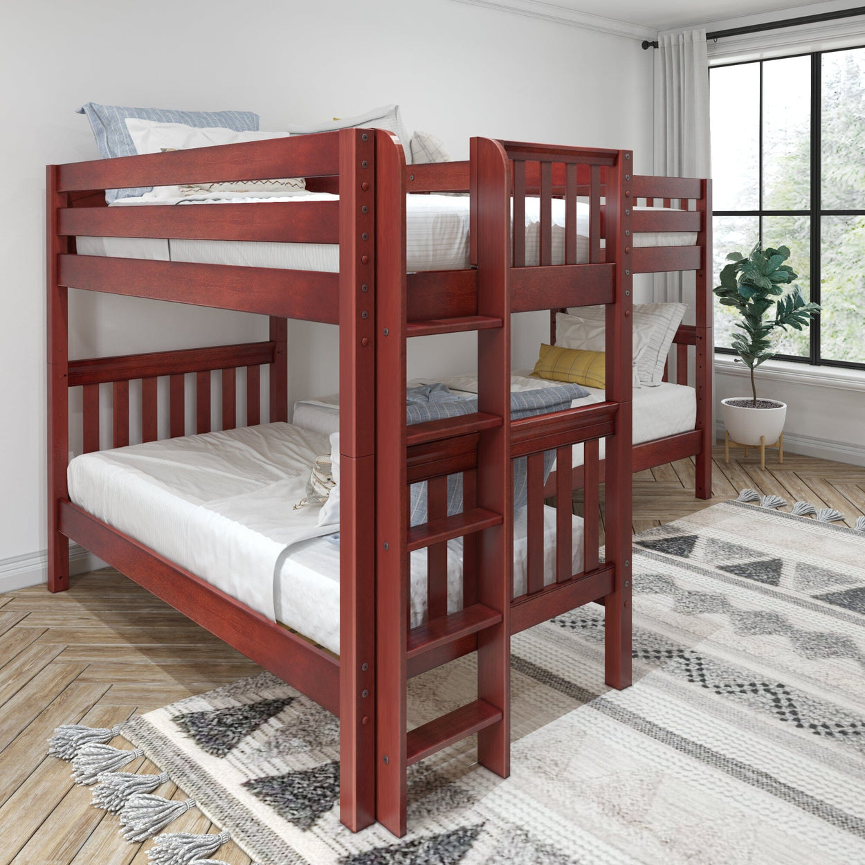 CRUX 1 CS : Multiple Bunk Beds Twin Medium Corner Bunk with Straight Ladders on Ends, Slat, Chestnut