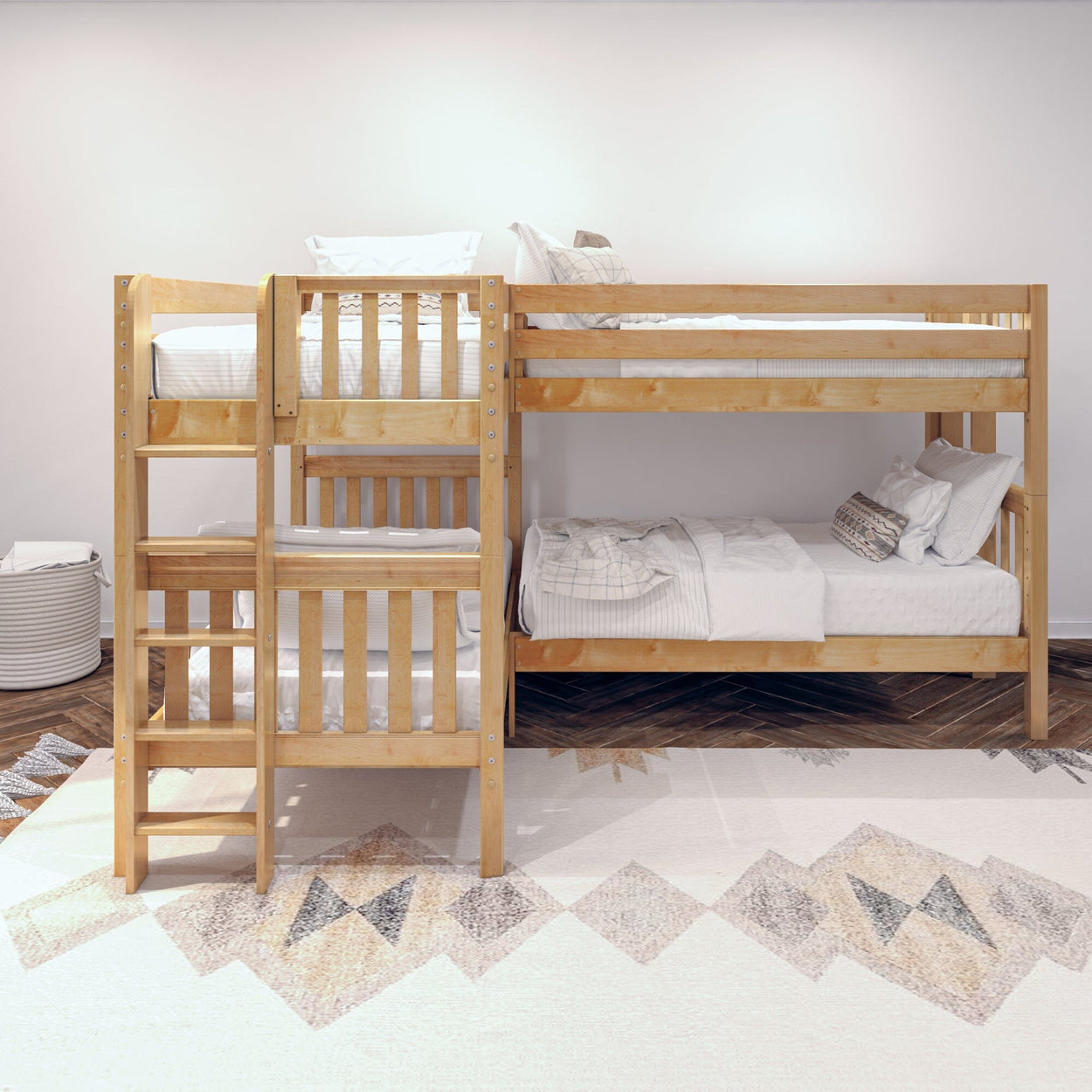 CRUX 1 NS : Multiple Bunk Beds Twin Medium Corner Bunk with Straight Ladders on Ends, Slat, Natural