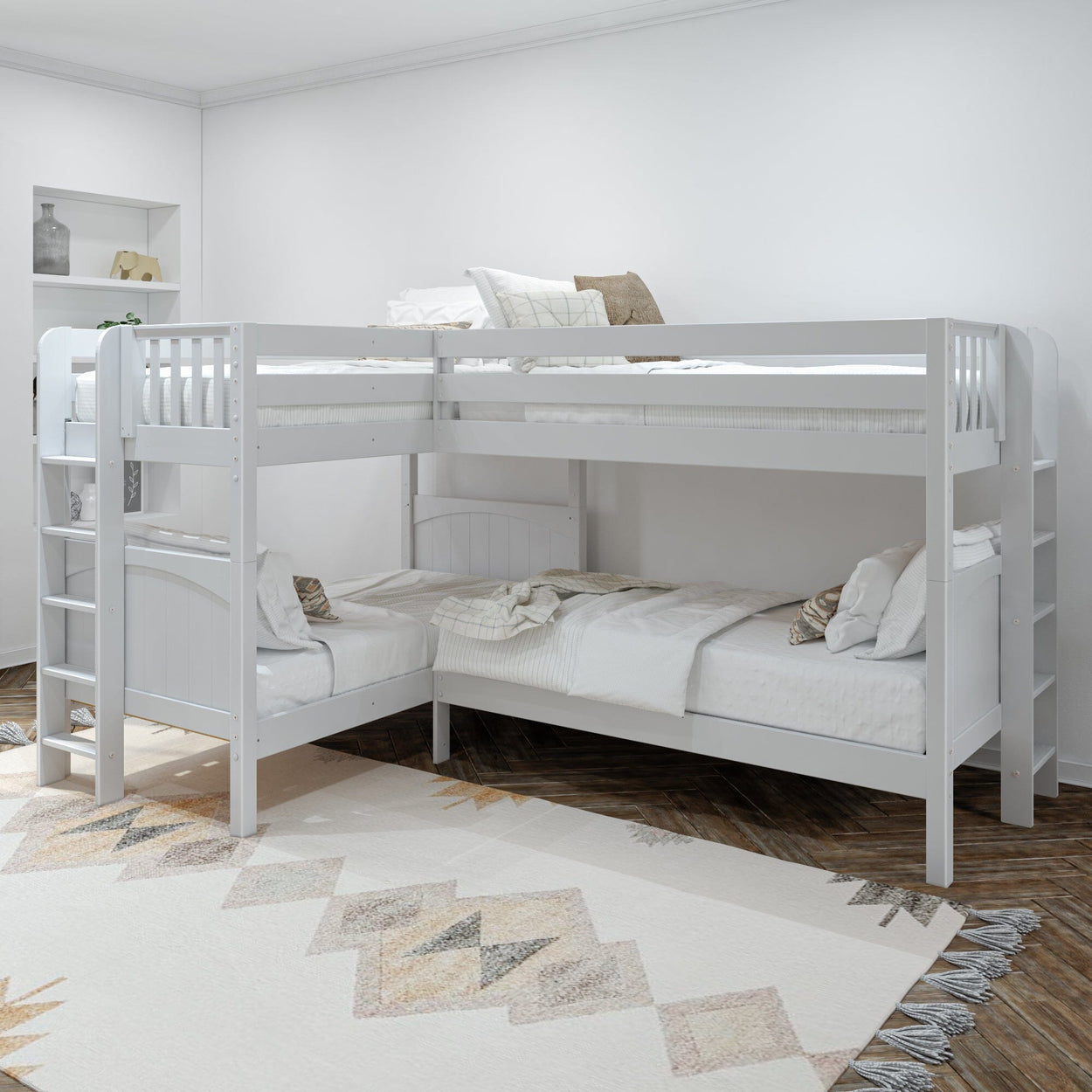 CRUX 1 WP : Multiple Bunk Beds Twin Medium Corner Bunk with Straight Ladders on Ends, Panel, White