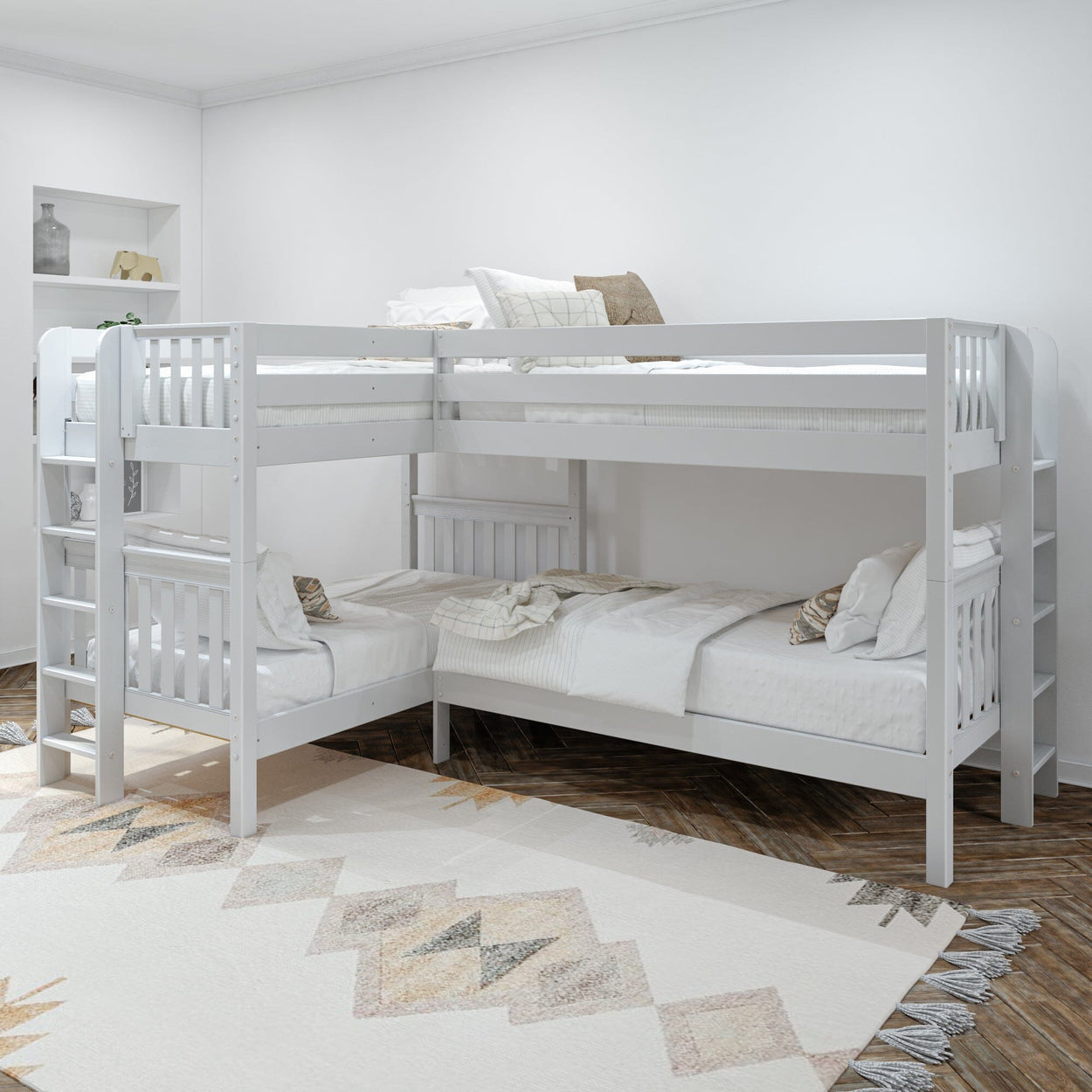 CRUX 1 WS : Multiple Bunk Beds Twin Medium Corner Bunk with Straight Ladders on Ends, Slat, White