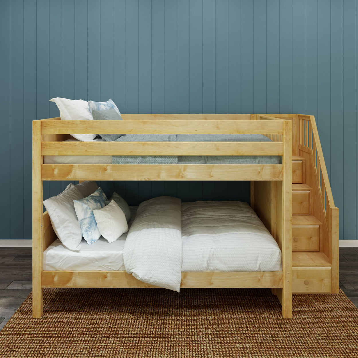 DAPPER NP : Staircase Bunk Beds Full Low Bunk Bed with Stairs, Panel, Natural