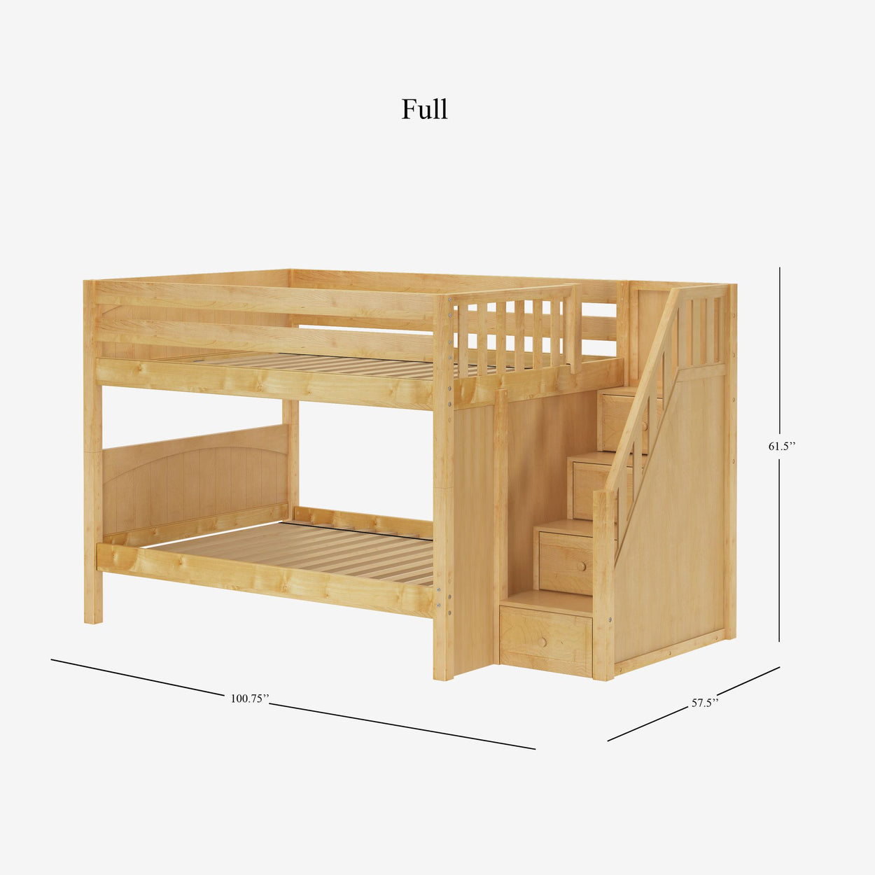 DAPPER NP : Staircase Bunk Beds Full Low Bunk Bed with Stairs, Panel, Natural