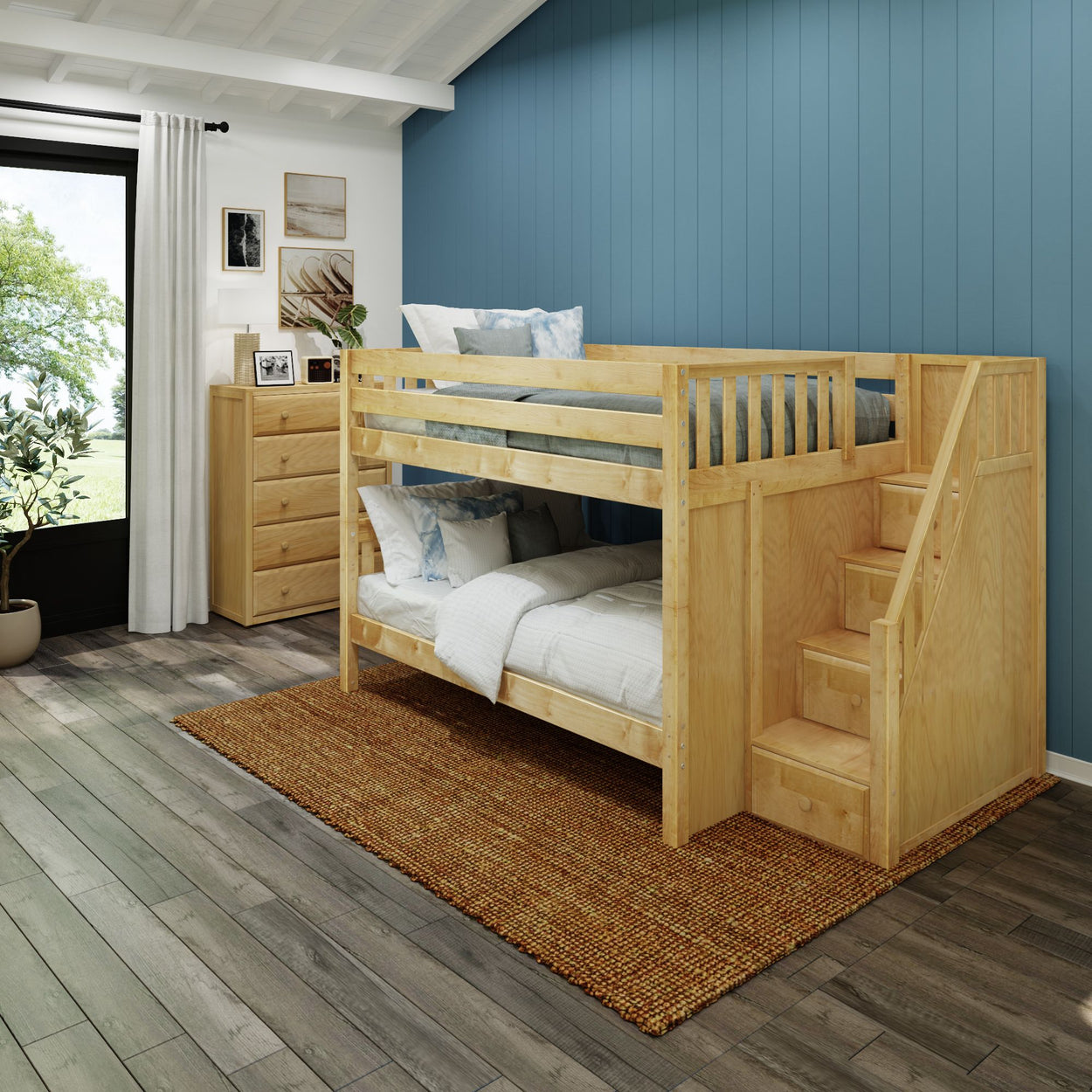 DAPPER NS : Staircase Bunk Beds Full Low Bunk Bed with Stairs, Slat, Natural