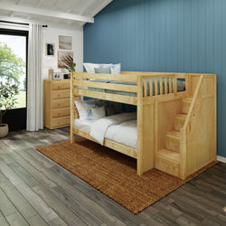 DAPPER NS : Classic Bunk Beds Full Low Bunk Bed with Stairs, Slat, Natural