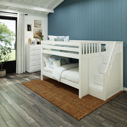 DAPPER WC : Staircase Bunk Beds Full Low Bunk Bed with Stairs, Curved, White