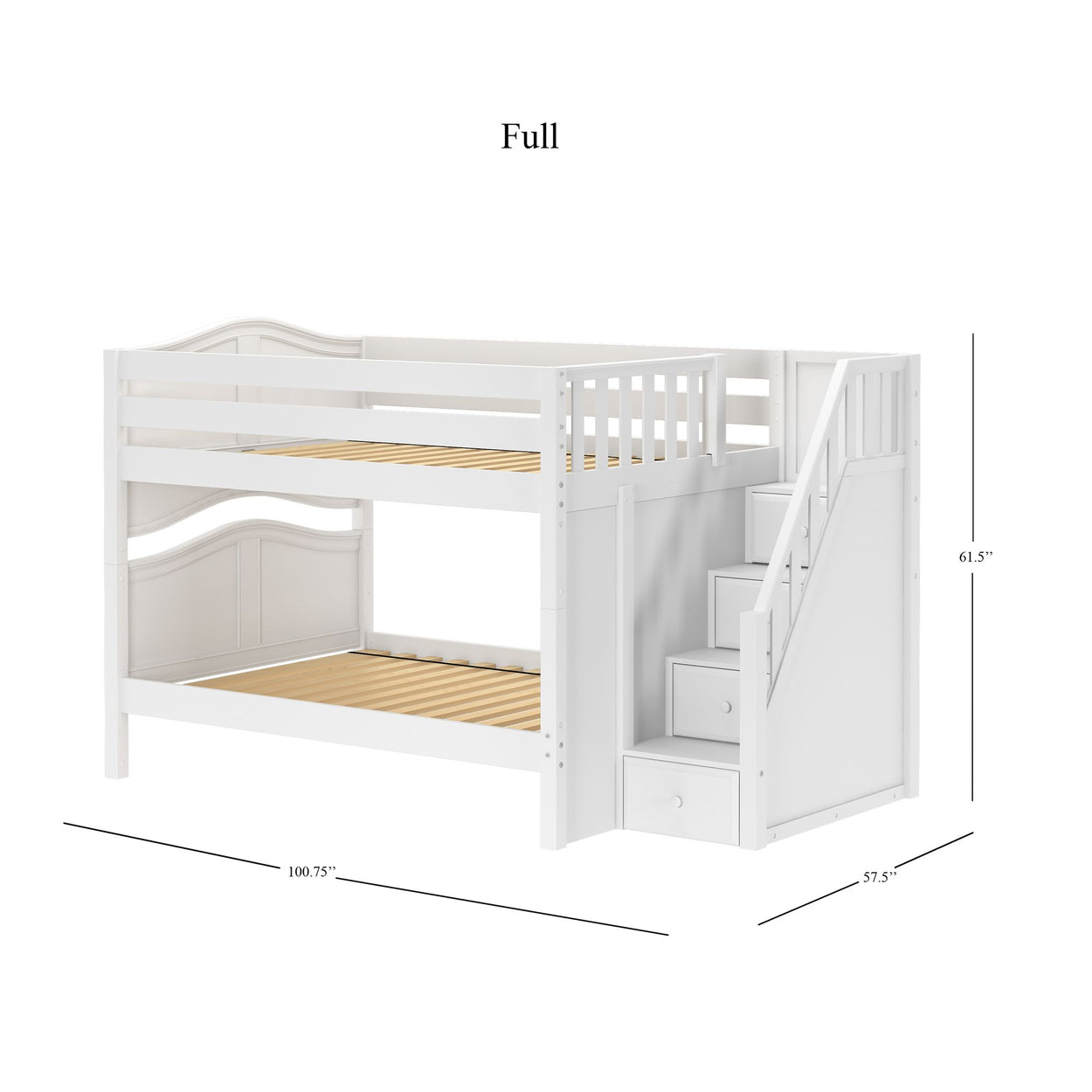 DAPPER WC : Classic Bunk Beds Full Low Bunk Bed with Stairs, Curved, White