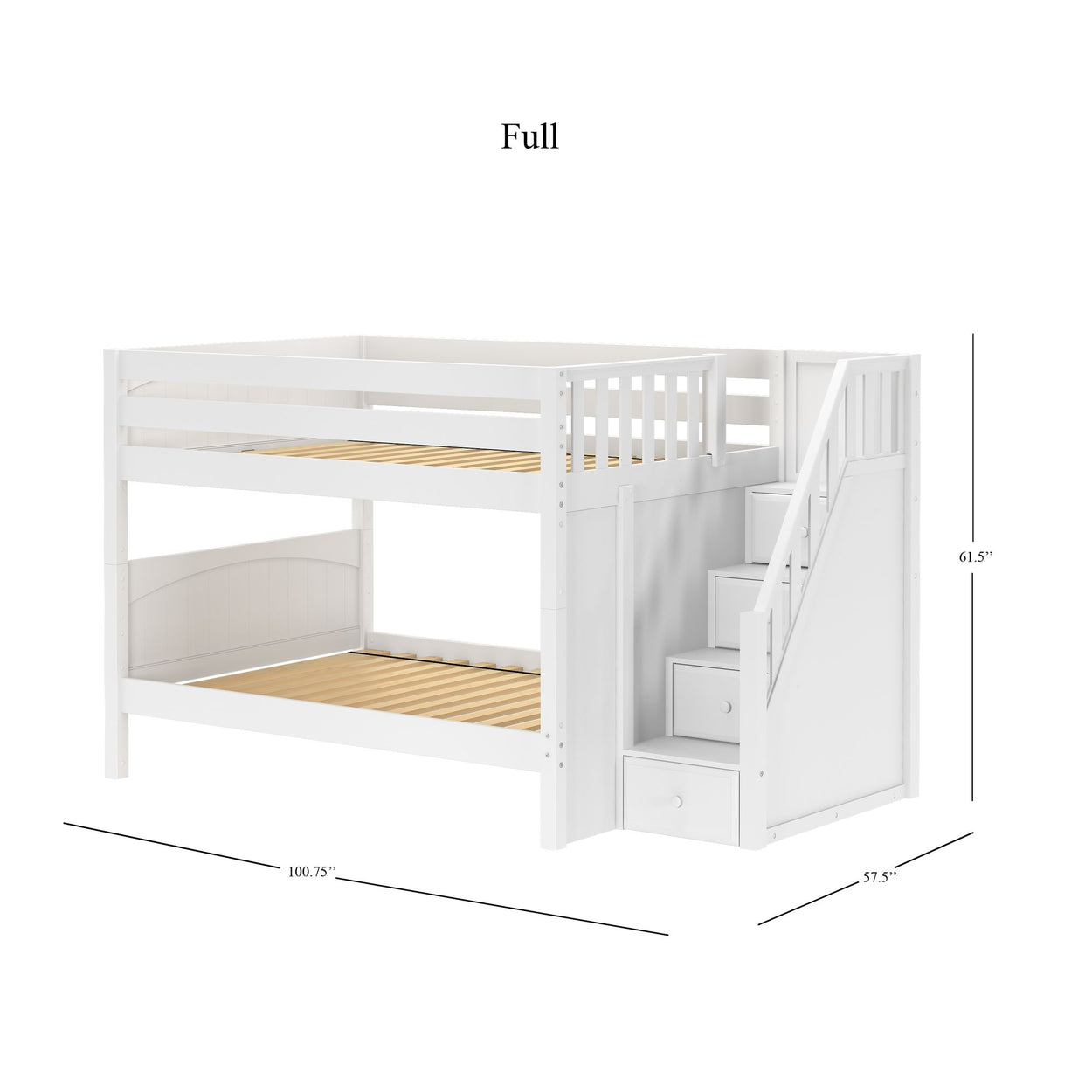 DAPPER WP : Staircase Bunk Beds Full Low Bunk Bed with Stairs, Panel, White