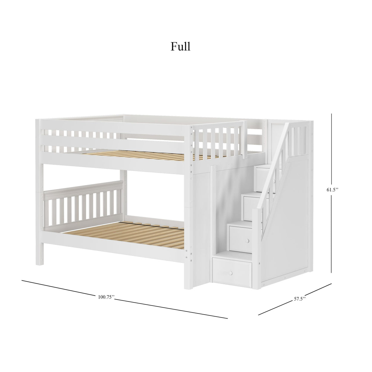 DAPPER WS : Classic Bunk Beds Full Low Bunk Bed with Stairs, Slat, White