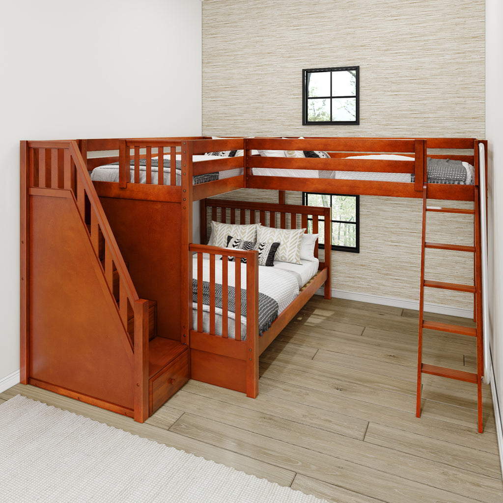 DECATHLON XL NS : Corner Loft Bunk Twin XL over Queen + Twin XL High Corner Loft Bunk with Angled Ladder and Stairs on Left, Slat, Natural