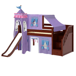 DELICIOUS27 CP : Loft Bed Twin Low Loft Bed with Stairs, Curtain, Top Tent, Tower + Slide, Panel, Chestnut