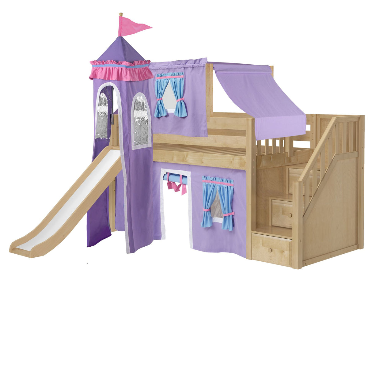 DELICIOUS27 NP : Loft Bed Twin Low Loft Bed with Stairs, Curtain, Top Tent, Tower + Slide, Panel, Natural