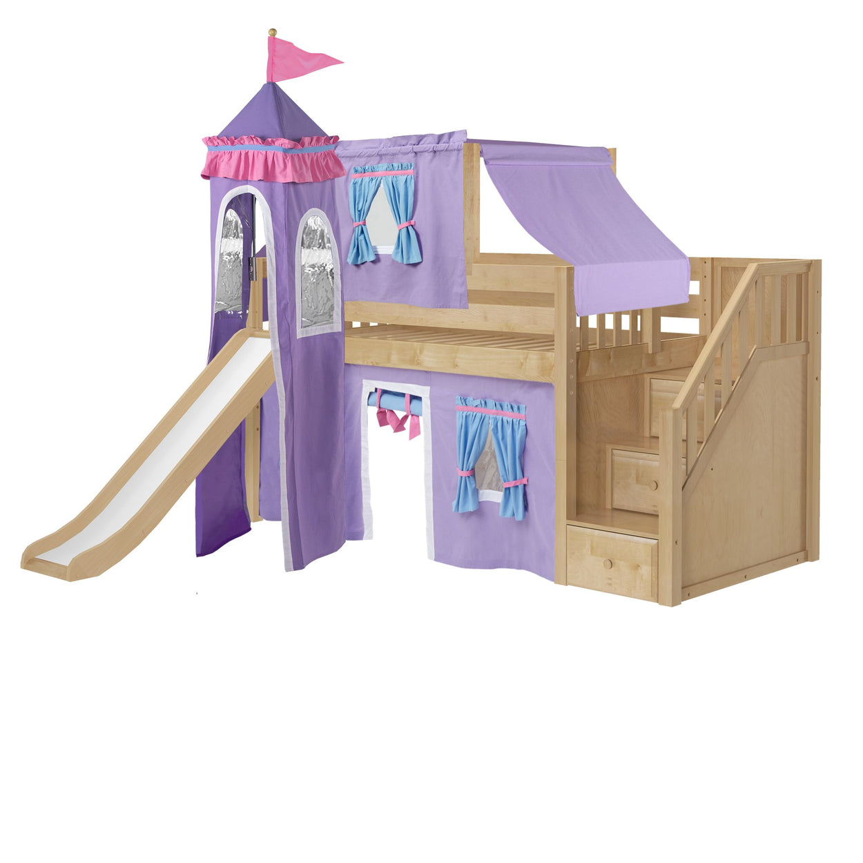 DELICIOUS27 NS : Loft Bed Twin Low Loft Bed with Stairs, Curtain, Top Tent, Tower + Slide, Slat, Natural