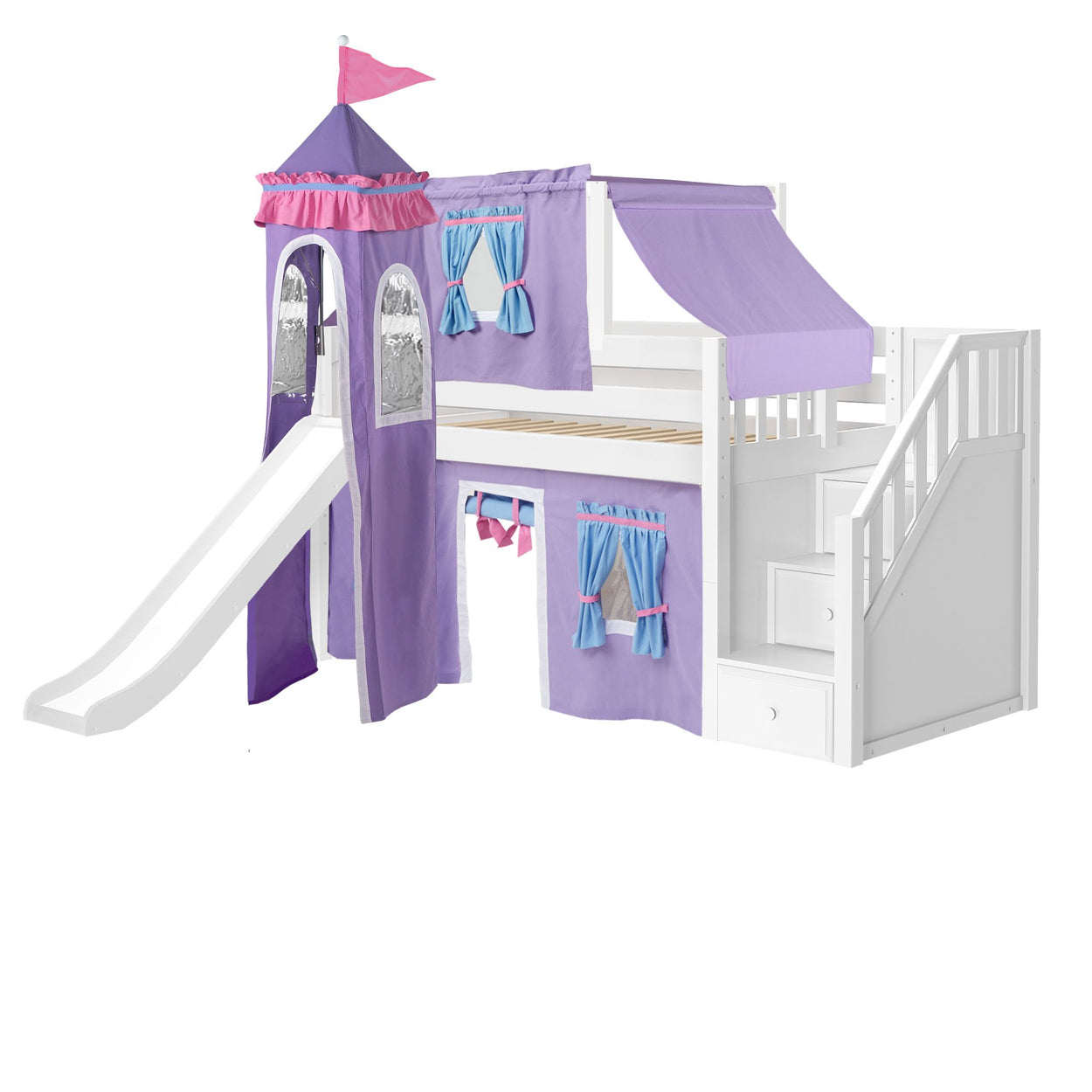 DELICIOUS27 WP : Loft Bed Twin Low Loft Bed with Stairs, Curtain, Top Tent, Tower + Slide, Panel, White