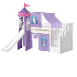 DELICIOUS27 WP : Play Loft Beds Twin Low Loft Bed with Stairs, Curtain, Top Tent, Tower + Slide, Panel, White