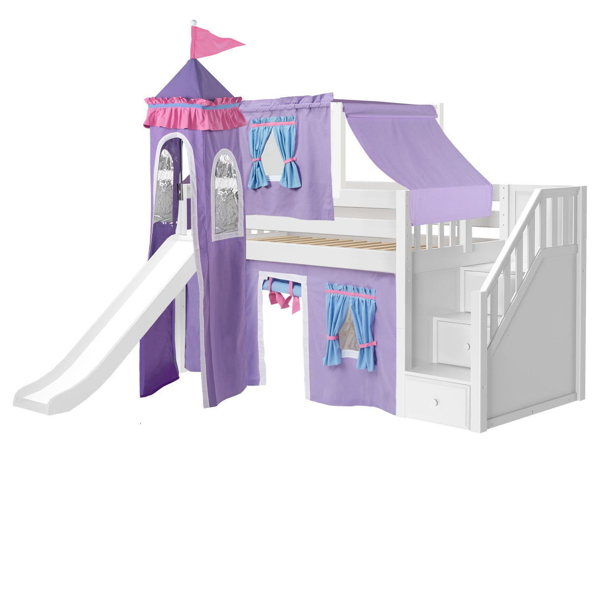 DELICIOUS27 WS : Loft Bed Twin Low Loft Bed with Stairs, Curtain, Top Tent, Tower + Slide, Slat, White