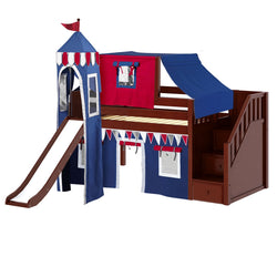 DELICIOUS44 CP : Loft Bed Twin Low Loft Bed with Stairs, Curtain, Top Tent, Tower + Slide, Panel, Chestnut