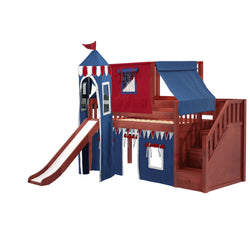 DELICIOUS44 CS : Play Loft Beds Twin Low Loft Bed with Stairs, Curtain, Top Tent, Tower + Slide, Slat, Chestnut