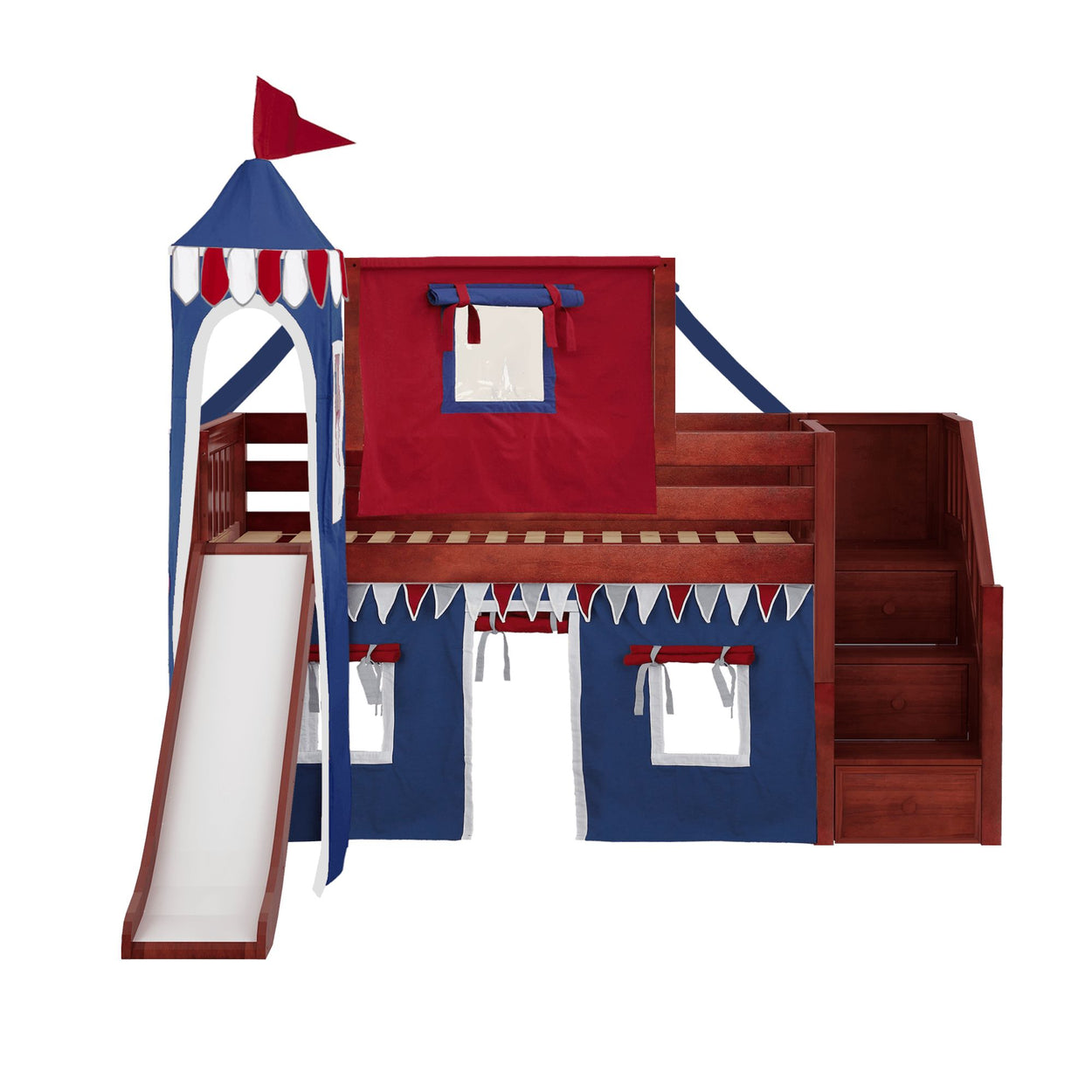 DELICIOUS44 CS : Loft Bed Twin Low Loft Bed with Stairs, Curtain, Top Tent, Tower + Slide, Slat, Chestnut