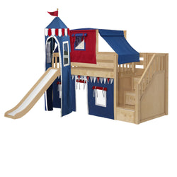 DELICIOUS44 NS : Play Loft Beds Twin Low Loft Bed with Stairs, Curtain, Top Tent, Tower + Slide, Slat, Natural