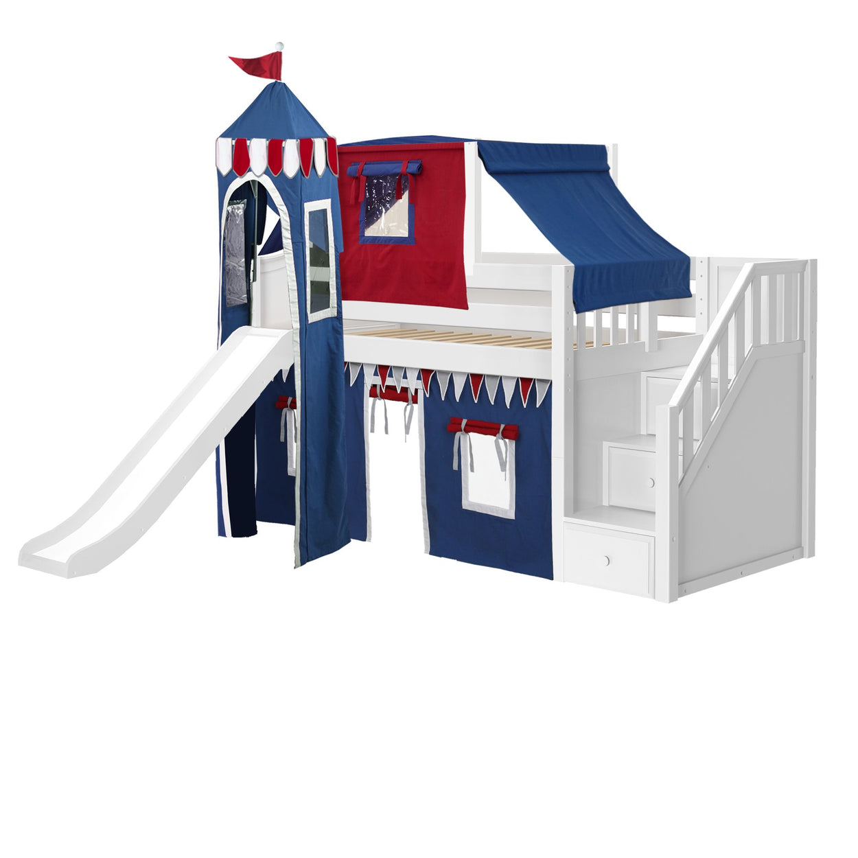 DELICIOUS44 WC : Play Loft Beds Twin Low Loft Bed with Stairs, Curtain, Top Tent, Tower + Slide, Curved, White